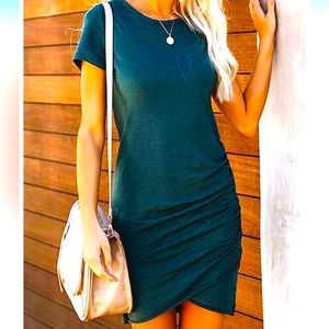 Dark Green Ruched Tulip Hem Stretch Mini Dress - size M